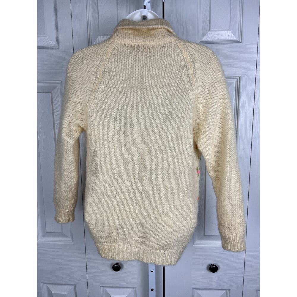 1950s Cream Knitted Crochet Colorful Pom Pom Floral 3D Wool Cardigan Medium - Picture 10 of 10